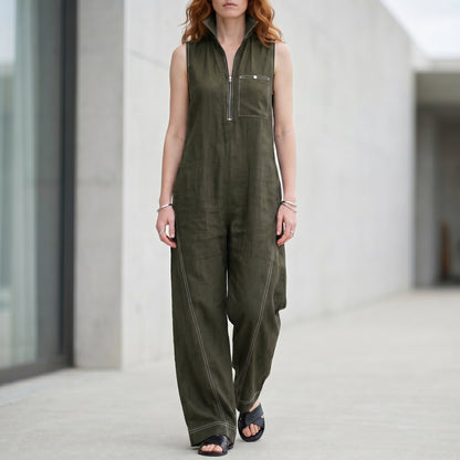 Tailored Zip-Front Sleeveless Wide-Leg Jumpsuit