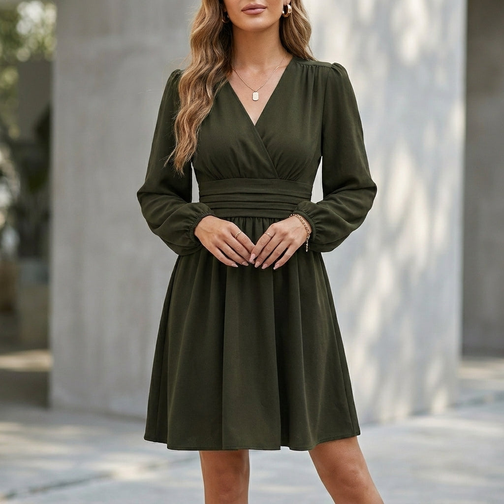 Wrap V-Neck Mini Dress – Bishop Sleeve Flared Skirt