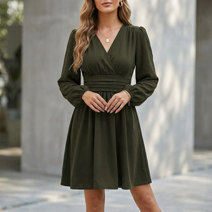 Wrap V-Neck Mini Dress – Bishop Sleeve Flared Skirt