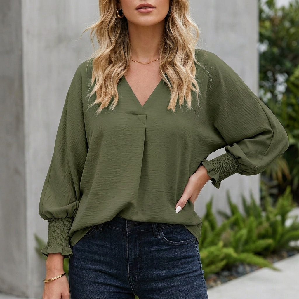 Relaxed V-Neck Blouse with Textured Crinkle and Balloon Sleeves