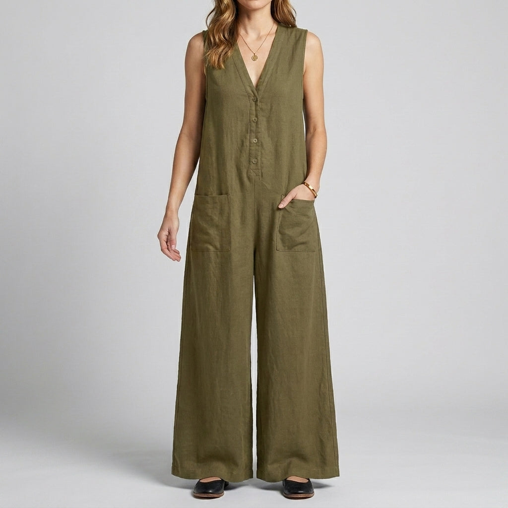 Relaxed Sleeveless Button Front Wide-Leg Jumpsuit