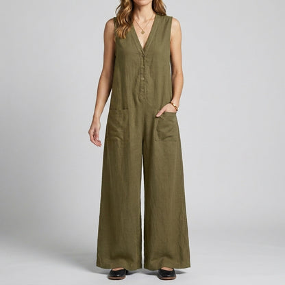 Relaxed Sleeveless Button Front Wide-Leg Jumpsuit