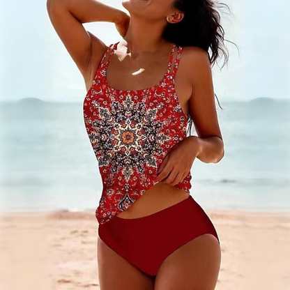 Bohemian Print Tankini Top & High-Waisted Bikini Bottom Set
