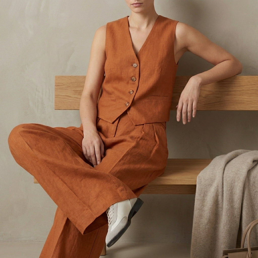 Tailored Linen Sleeveless Vest and High-Waisted Pleated Trouser Set
