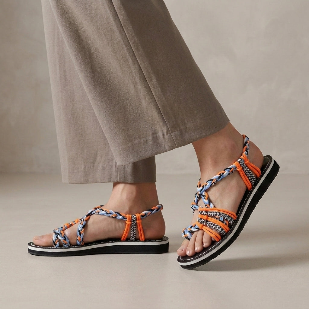 Braided Strappy Sandals with Wrapped Ankle and Contrast Stitching