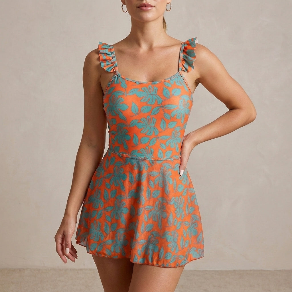 Tropical Blossom Ruffle Strap Swim Dress with Flattering Flared Skirt