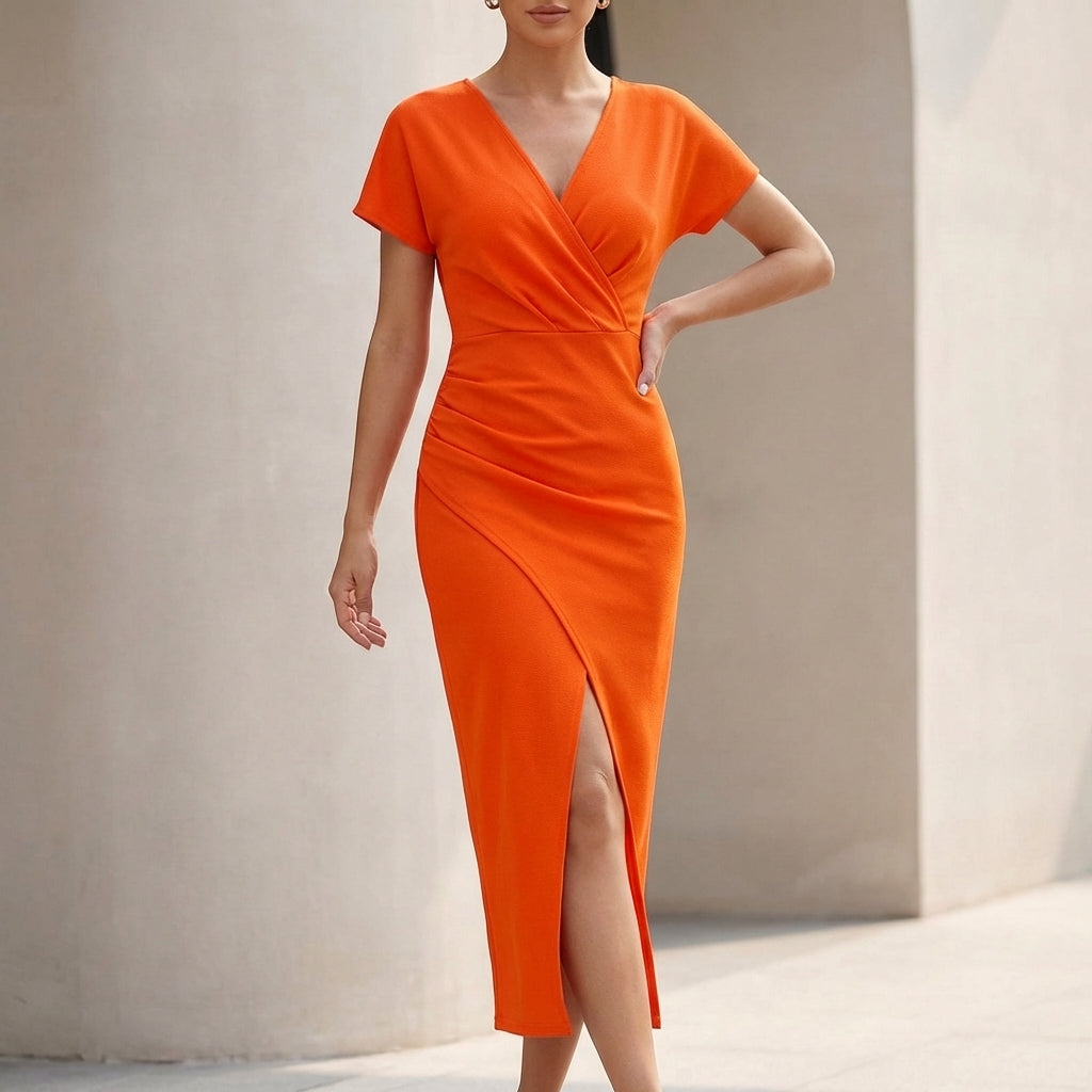 Wrap Midi Dress with Ruched Waist and Draped V-Neck