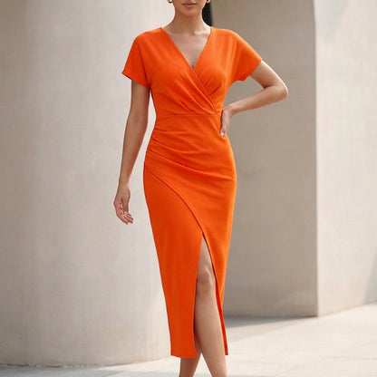 Wrap Midi Dress with Ruched Waist and Draped V-Neck