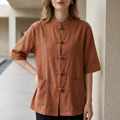 Minimalist Mandarin Collar Blouse with Elegant Knot Button Detail