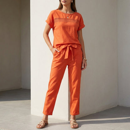 Lightweight Woven Two-Piece Set with Mesh Accents and Self-Tie Waist