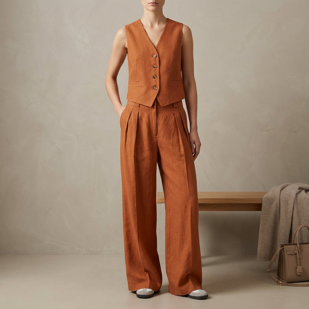Tailored Linen Sleeveless Vest and High-Waisted Pleated Trouser Set
