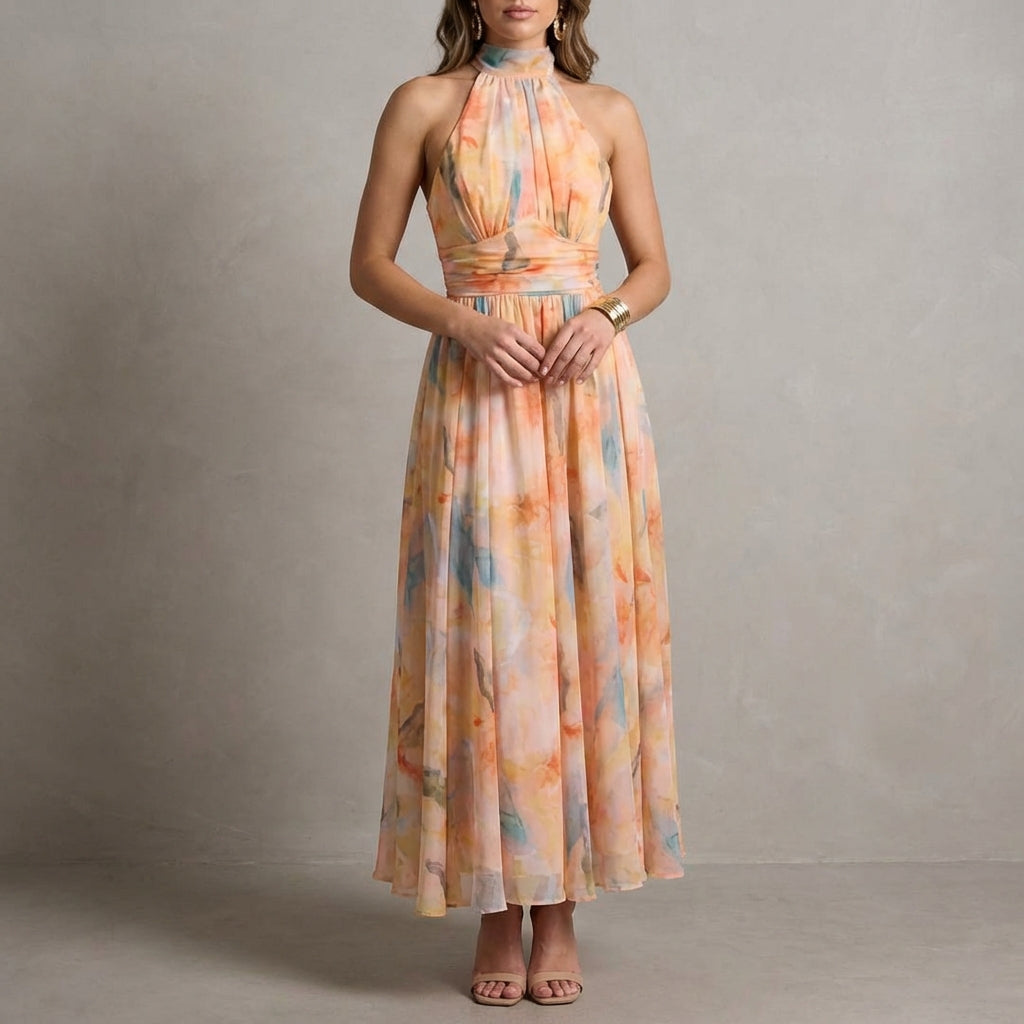 Ariellea Flowing Chiffon Halter Neck Maxi Dress with Waist Tie