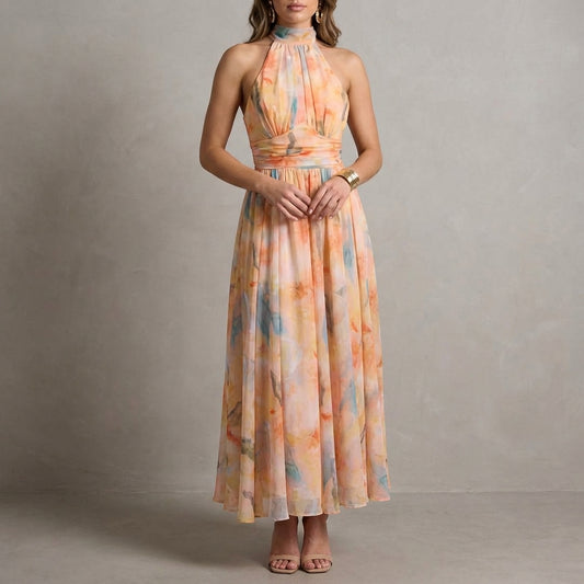 Ariellea Flowing Chiffon Halter Neck Maxi Dress with Waist Tie
