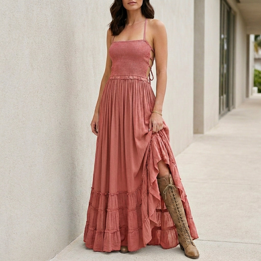 Bohemian Open-Back Smocked Maxi Dress with Ruffle Hem