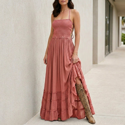 Bohemian Open-Back Smocked Maxi Dress with Ruffle Hem
