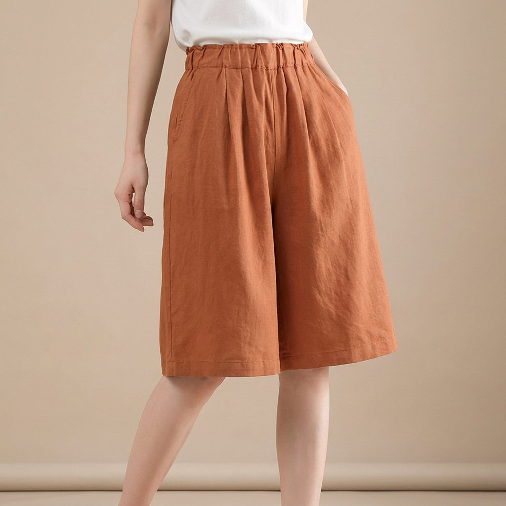Relaxed Wide-Leg Shorts with Gathered Waistband and Pockets