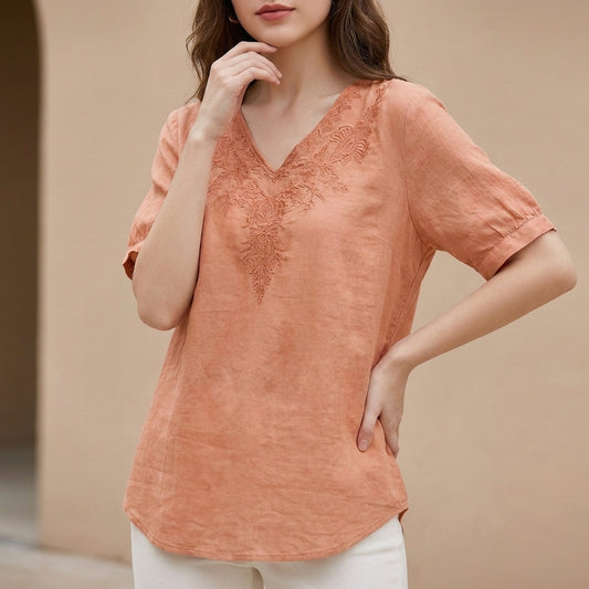Embroidered V-Neck Blouse with Textured High-Low Hem and Soft Draping