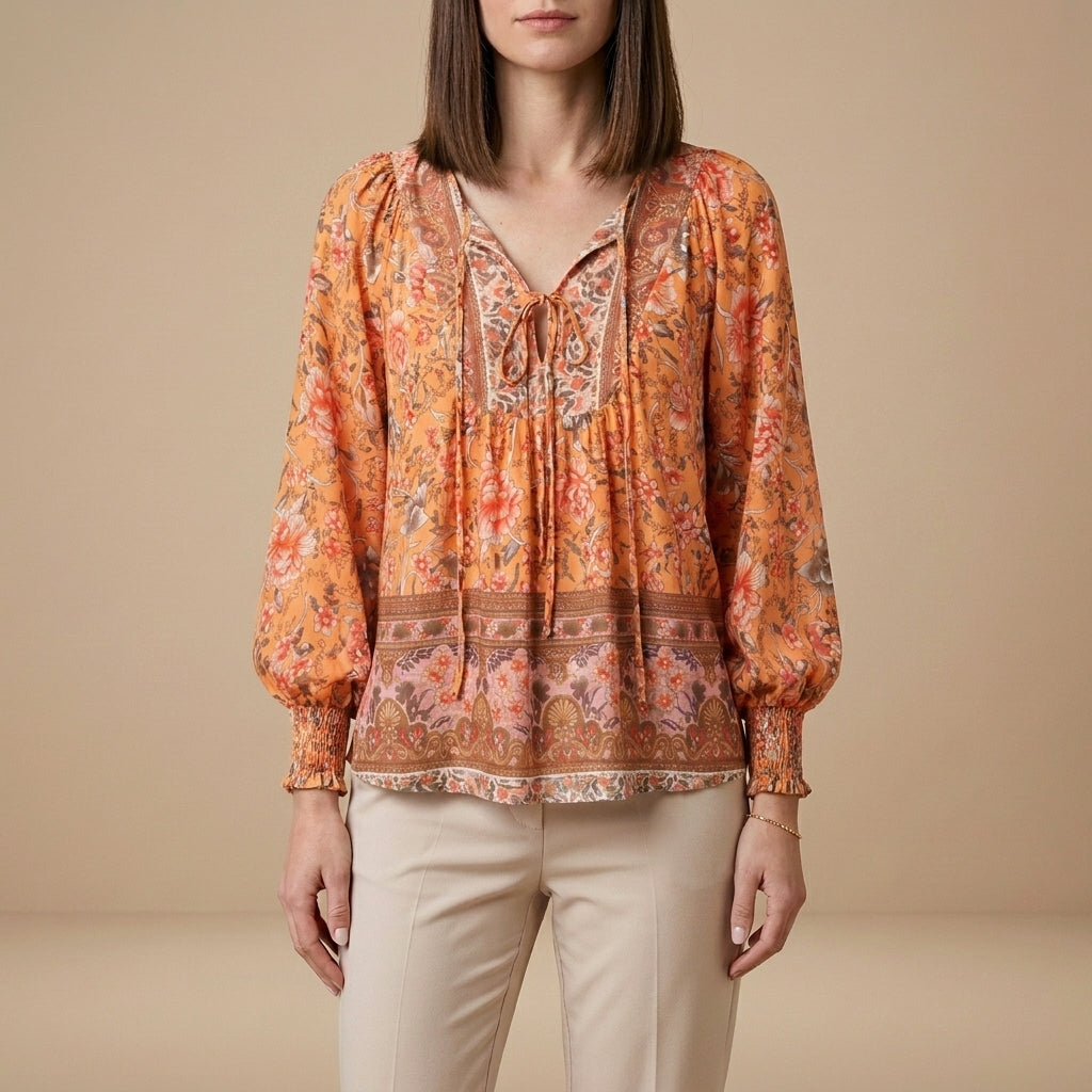 Bohemian Floral Patchwork Peasant Blouse with Tassel Tie Neck