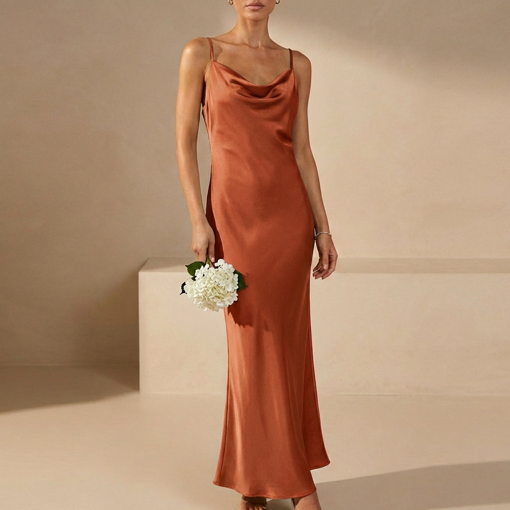 Satin Fitted Cowl Neck Maxi Dress with Spaghetti Straps for Evenings