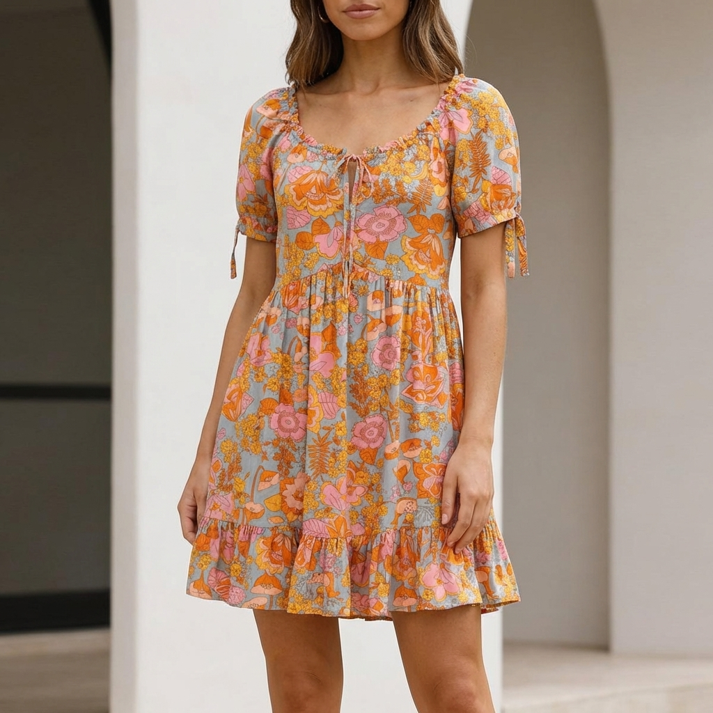 Flowing Bohemian Mini Dress with Ruffled Hem and Puff Sleeves