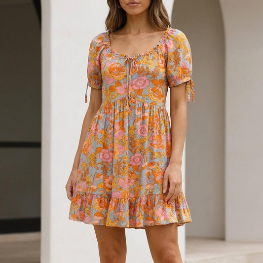 Flowing Bohemian Mini Dress with Ruffled Hem and Puff Sleeves