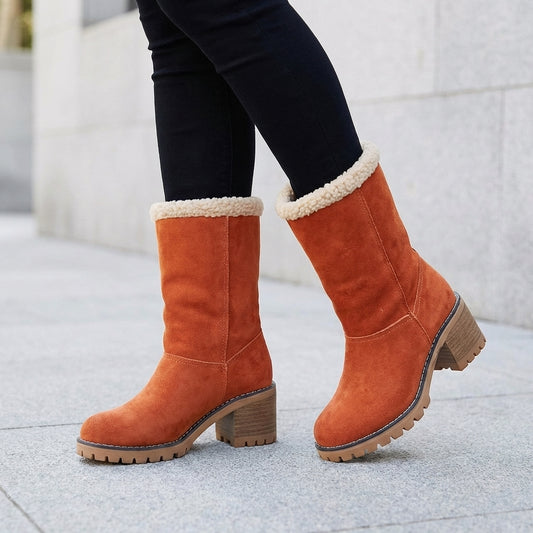Mid-Calf Fur-Lined Boots with Lug Sole and Block Heel