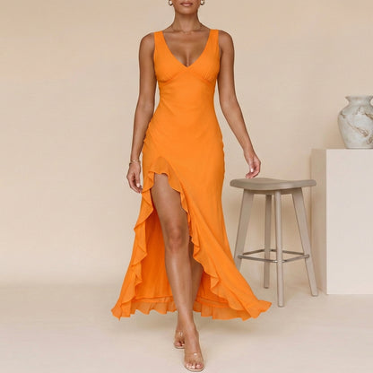 Flowing Chiffon Maxi Dress with Ruched Bodice and Ruffled Slit