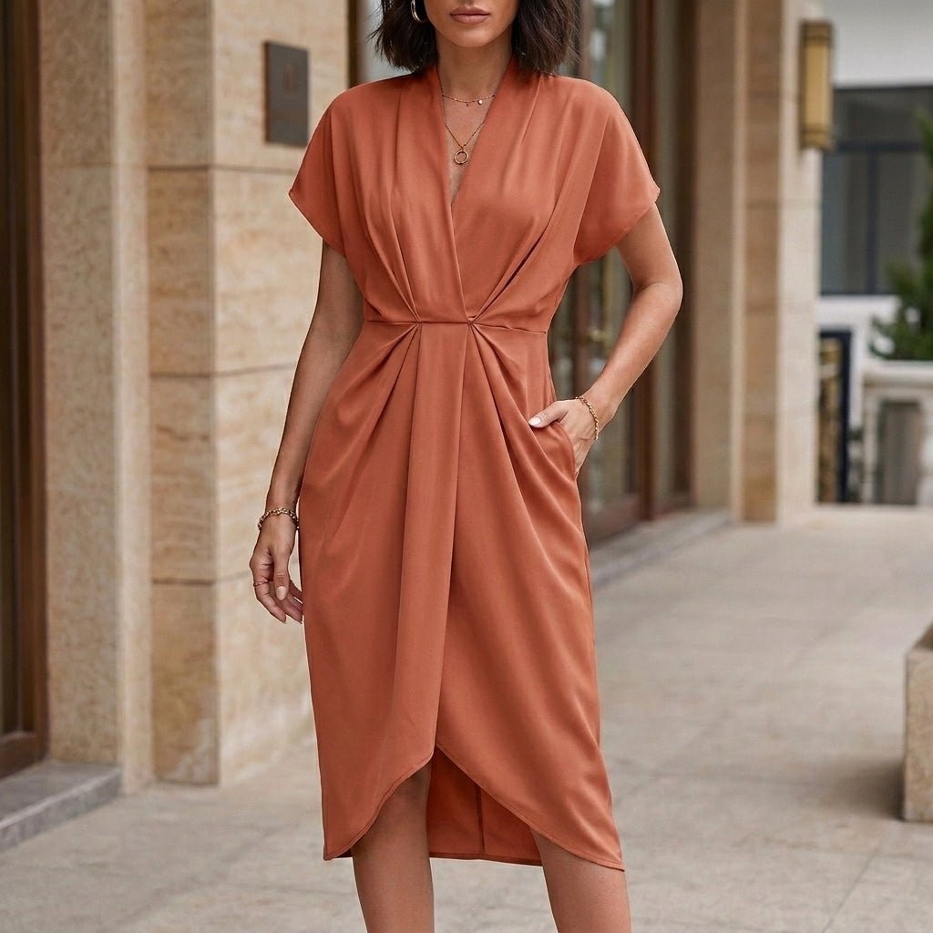 Elegant Draped Tulip Midi Dress with Defined Waist