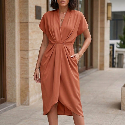 Elegant Draped Tulip Midi Dress with Defined Waist