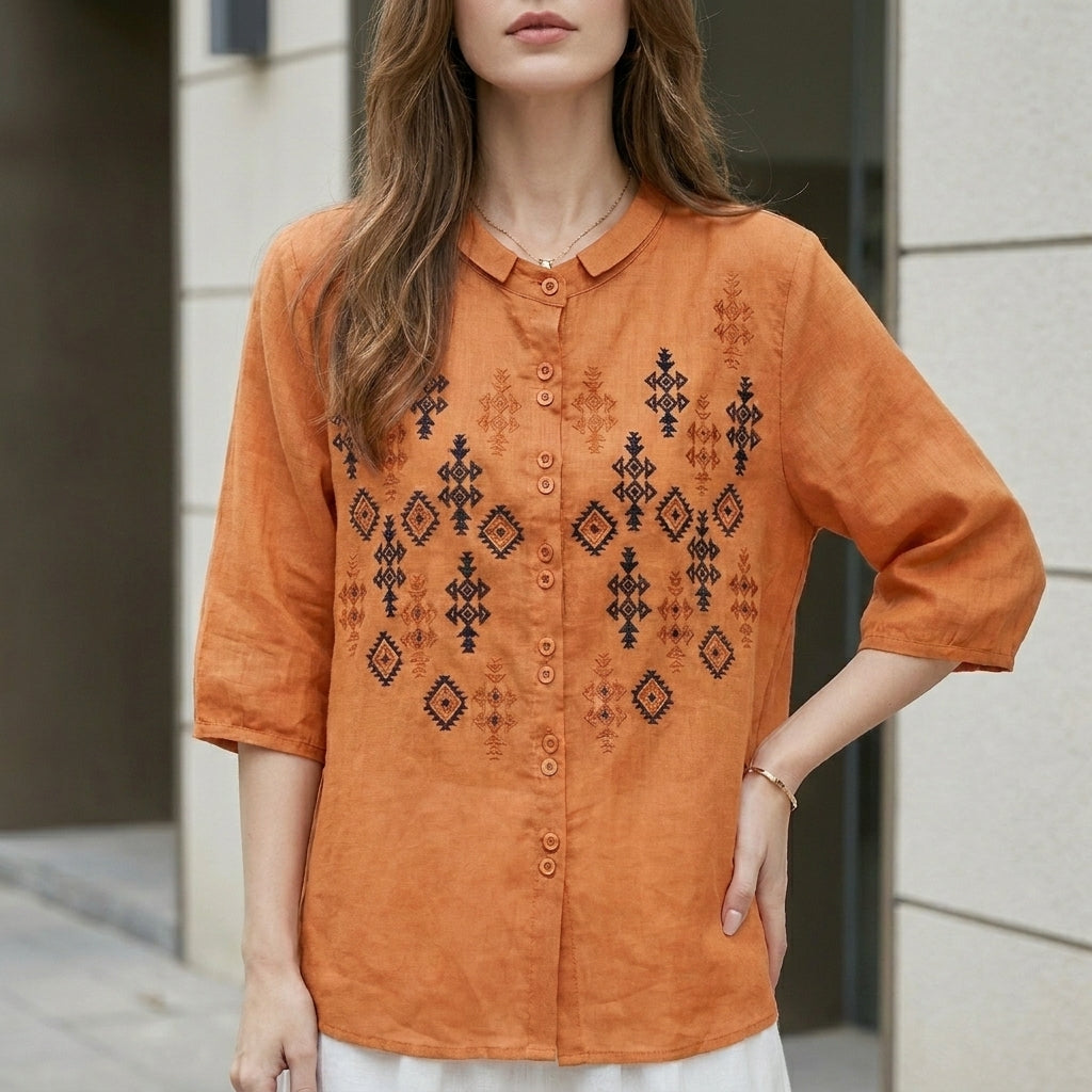 Embroidered Geometric Button-Down Blouse with Stand Collar and Relaxed Fit
