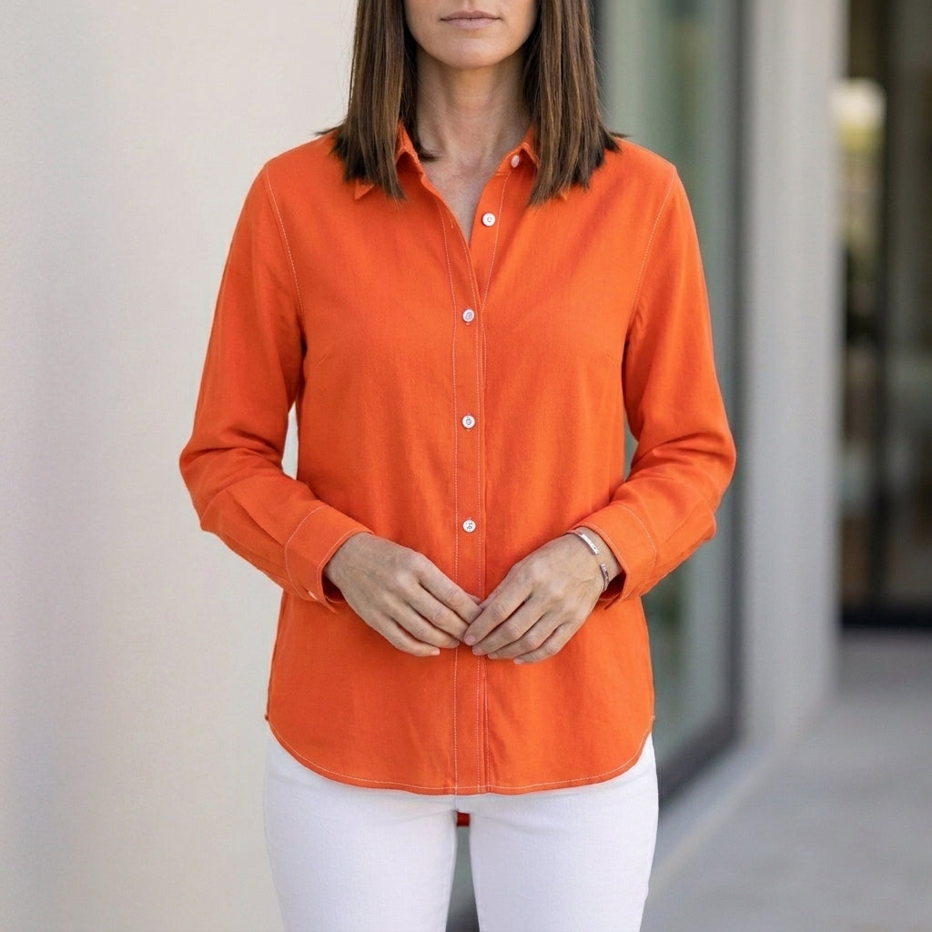 Relaxed Button-Up Blouse with Rolled Sleeve Cuff Detail