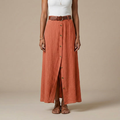 Flowing A-Line Maxi Skirt with Button Front and Slit Detail