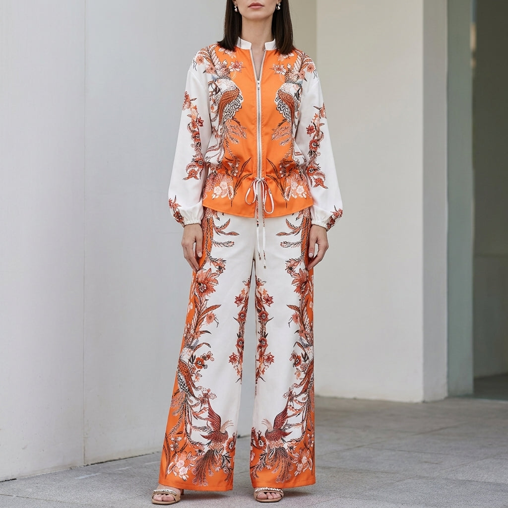 Botanical Zip-Front Top and Wide-Leg Pants Ensemble