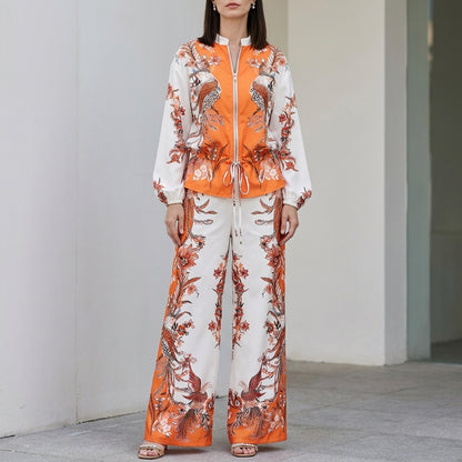 Botanical Zip-Front Top and Wide-Leg Pants Ensemble