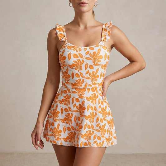 Tropical Blossom Ruffle Strap Swim Dress with Flattering Flared Skirt