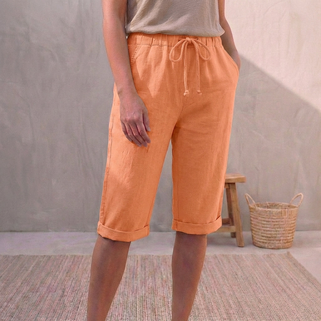 Linen Relaxed-Fit Capri Pants with Drawstring Waist and Cuffed Hem