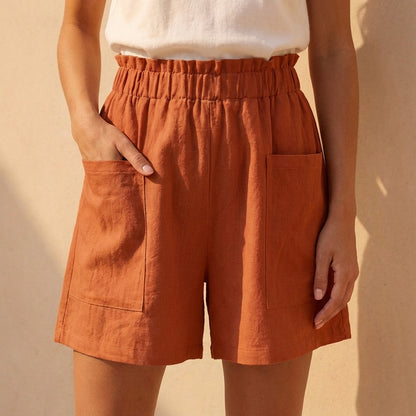Relaxed Paperbag Waist Shorts with Patch Pockets for Casual Daywear