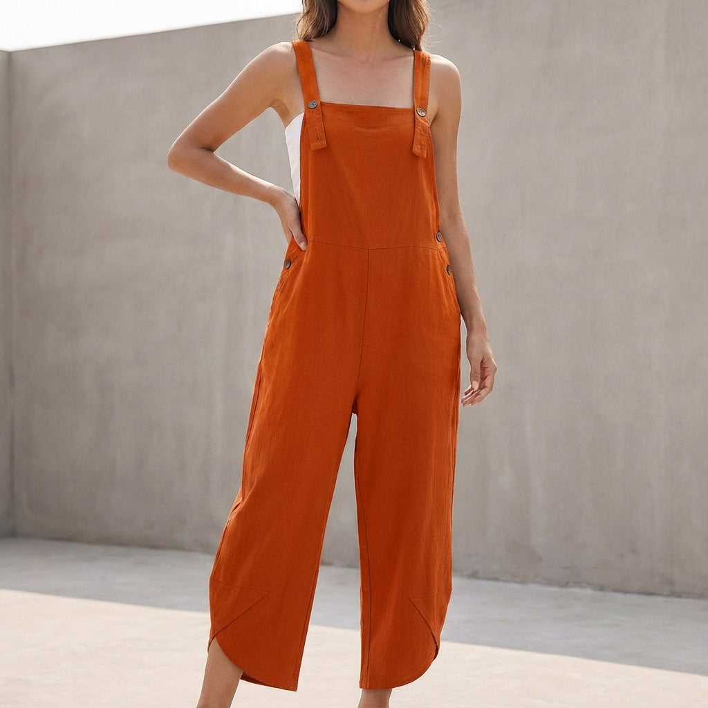 Oversized Wide-Leg Suspender Jumpsuit with Square Neckline and Pockets