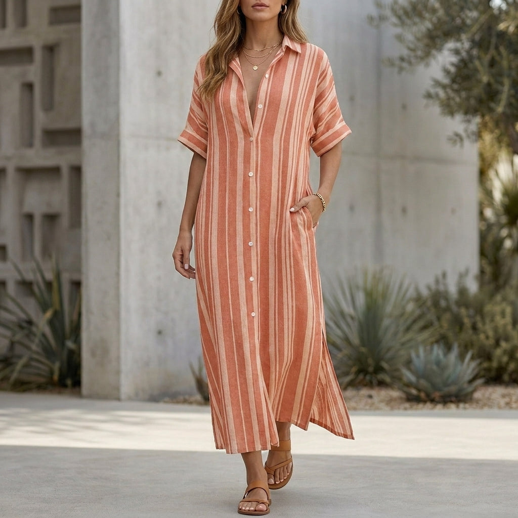 Relaxed Woven Maxi Shirt Dress with Vertical Stripes and Side Slits