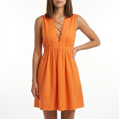 Sleeveless A-Line Dress with Lace-Up V-Neck and Gathered Waist