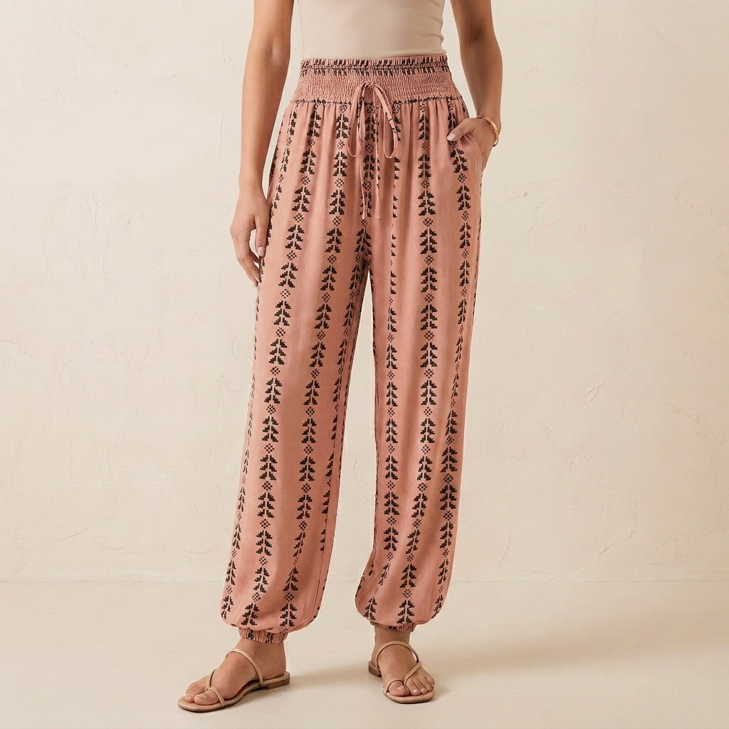 High-Waisted Lantern Pants with Tapered Cuffs and Ethnic Motifs