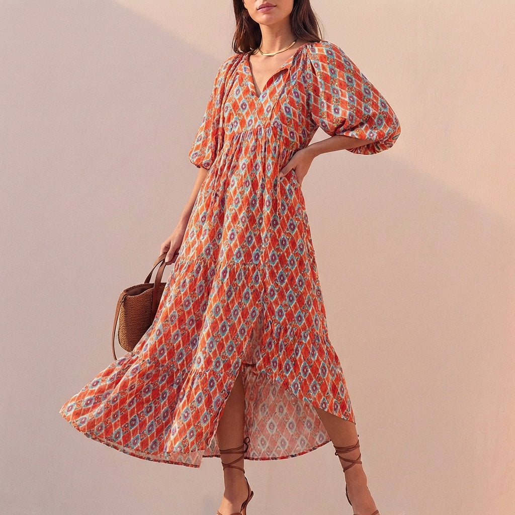 Elegant Flowing V-Neck Midi Dress with Puff Sleeves and Tiered Skirt