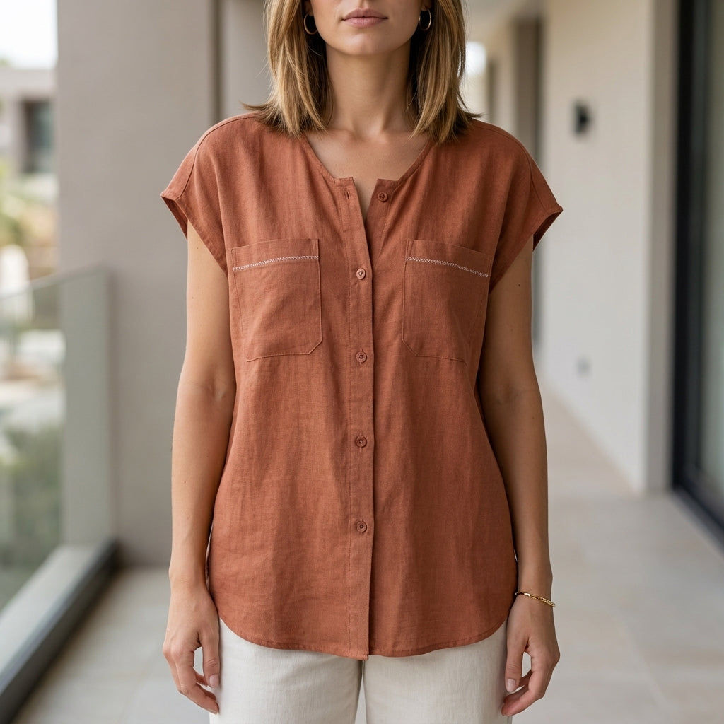 Relaxed Sleeveless Button-Up Blouse with Soft Drape and Front Pockets