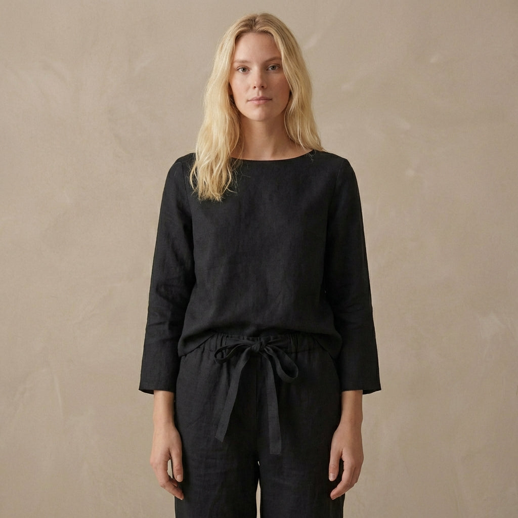 Relaxed Linen Two-Piece Set with Boat Neck Blouse and Drawstring Pants