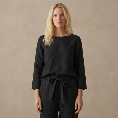 Relaxed Linen Two-Piece Set with Boat Neck Blouse and Drawstring Pants