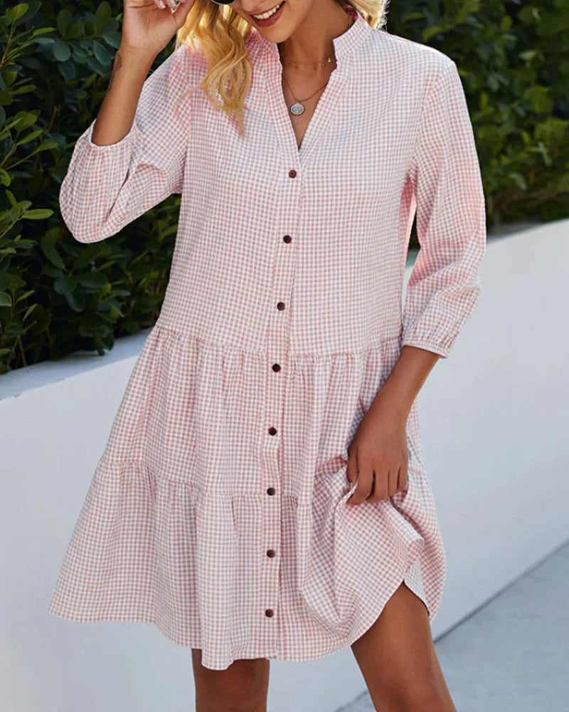 Tiered Gingham Shirt Dress with Mandarin Collar for Breezy Summer Style
