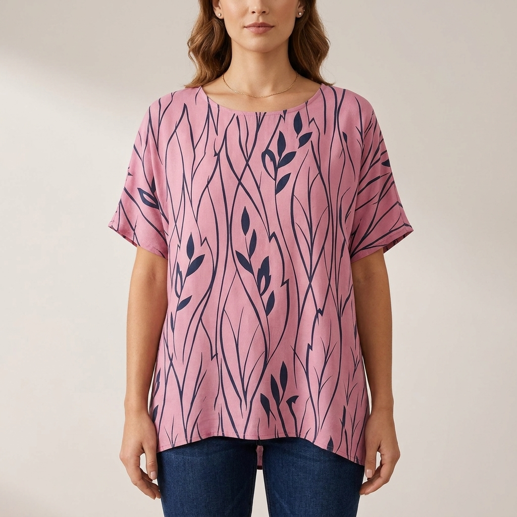 Oversized Draped Tunic with Abstract Botanical Motif and Relaxed Silhouette