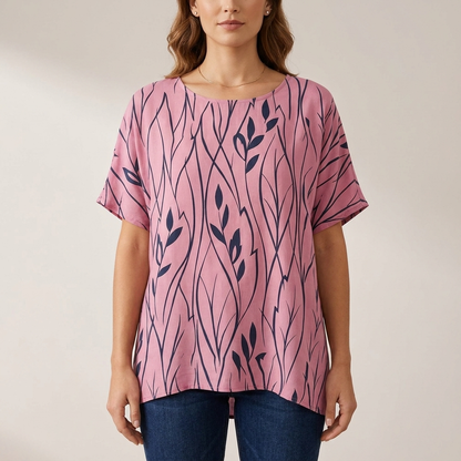 Oversized Draped Tunic with Abstract Botanical Motif and Relaxed Silhouette