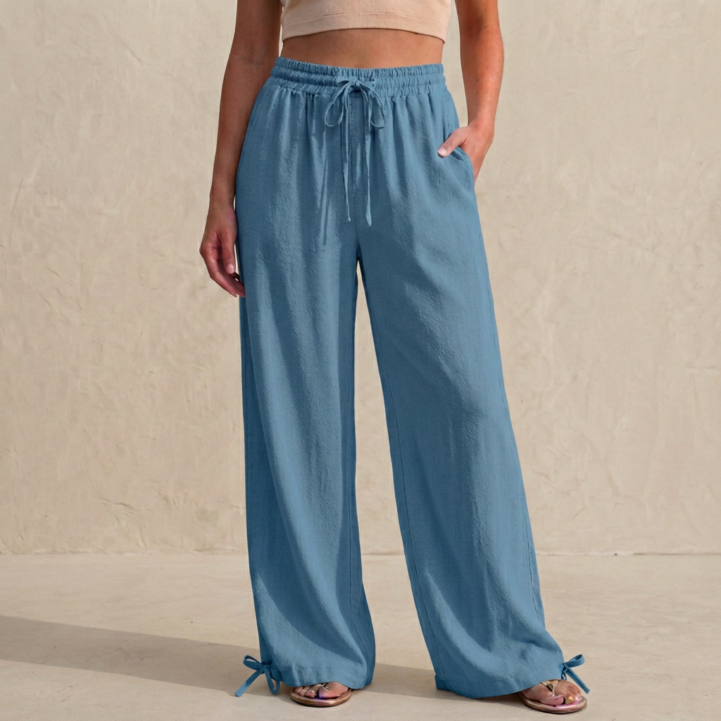 Relaxed Wide-Leg Trousers with Drawstring and Ankle Tie Detail