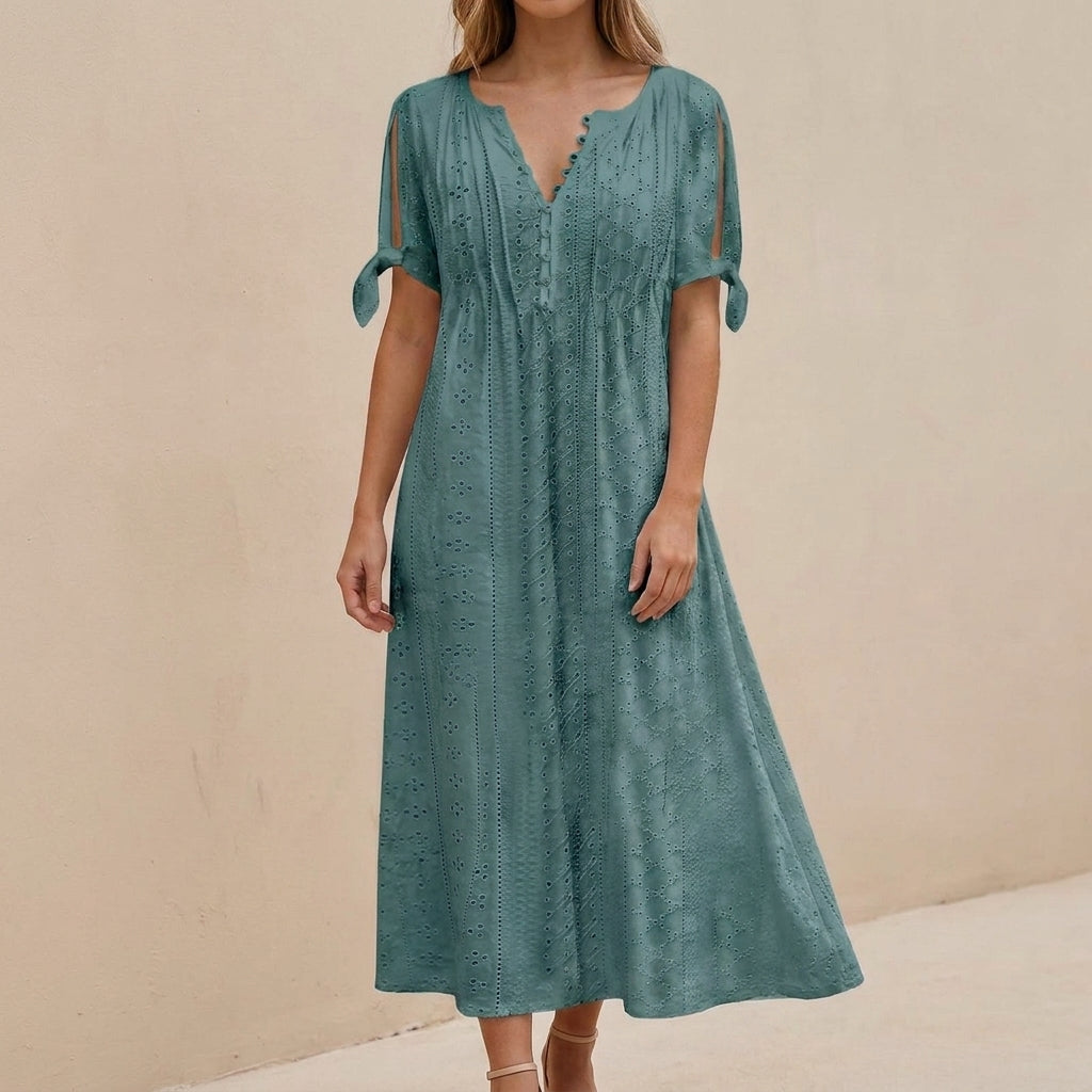 Boho-Inspired Eyelet Embroidered Midi Dress with Scalloped V-Neckline